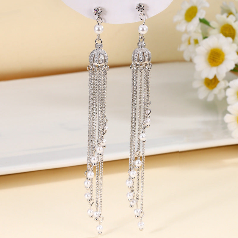 Women's Needle Pearl Crown Design High-grade Long Earrings