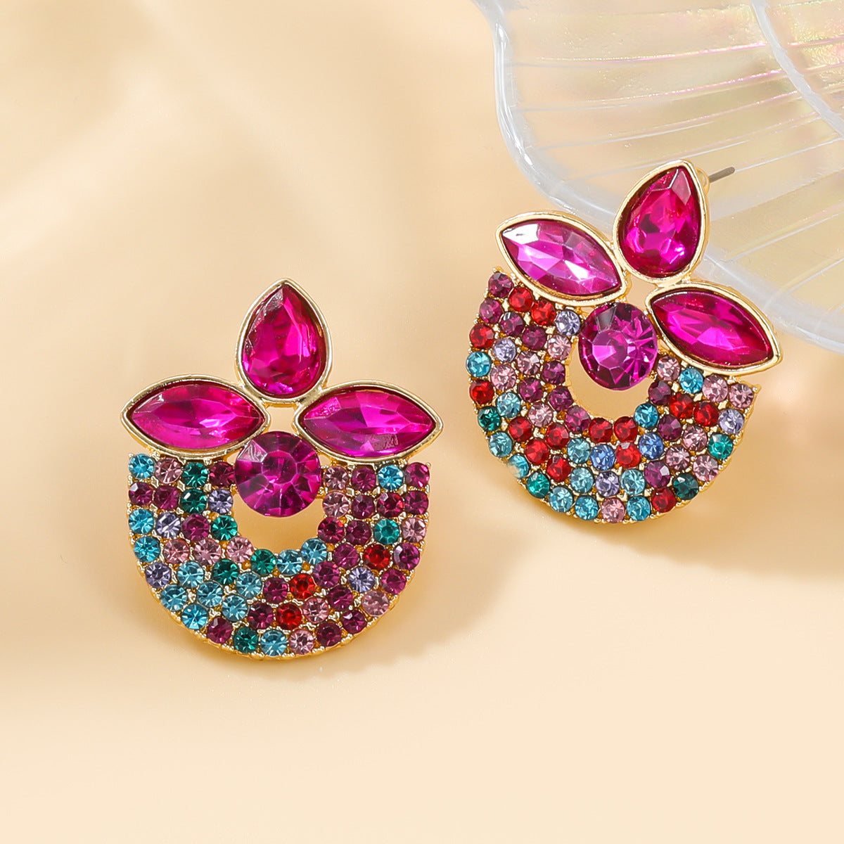 Stylish Colored Diamond Exaggerated Female Semicircle Earrings