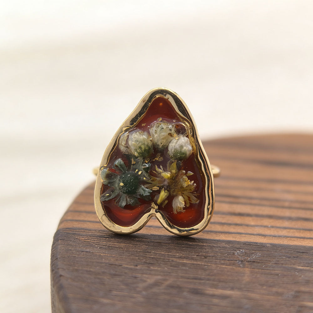 Dried Flowers Gypsophila Peach Heart Square Resin Stainless Steel Open Ring