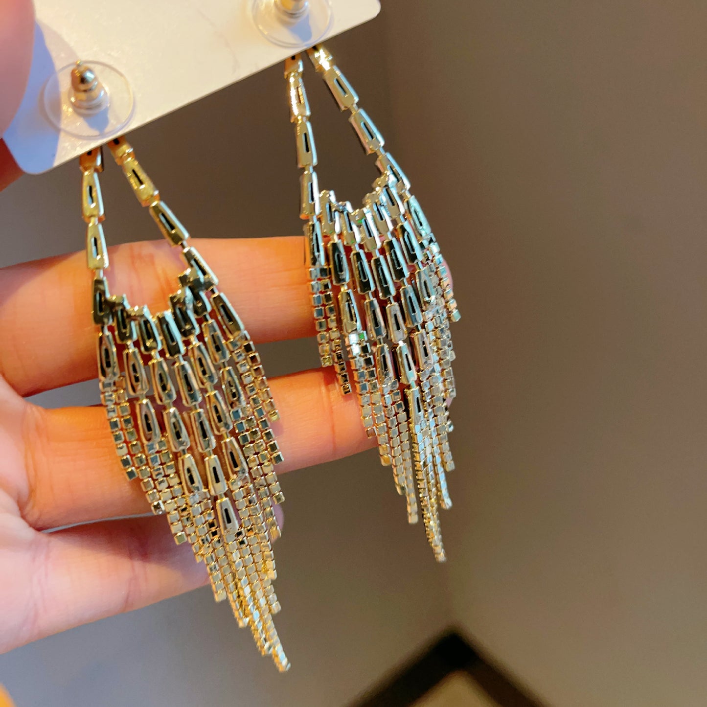 Style Black Zircon Long Fringe Gold Earrings