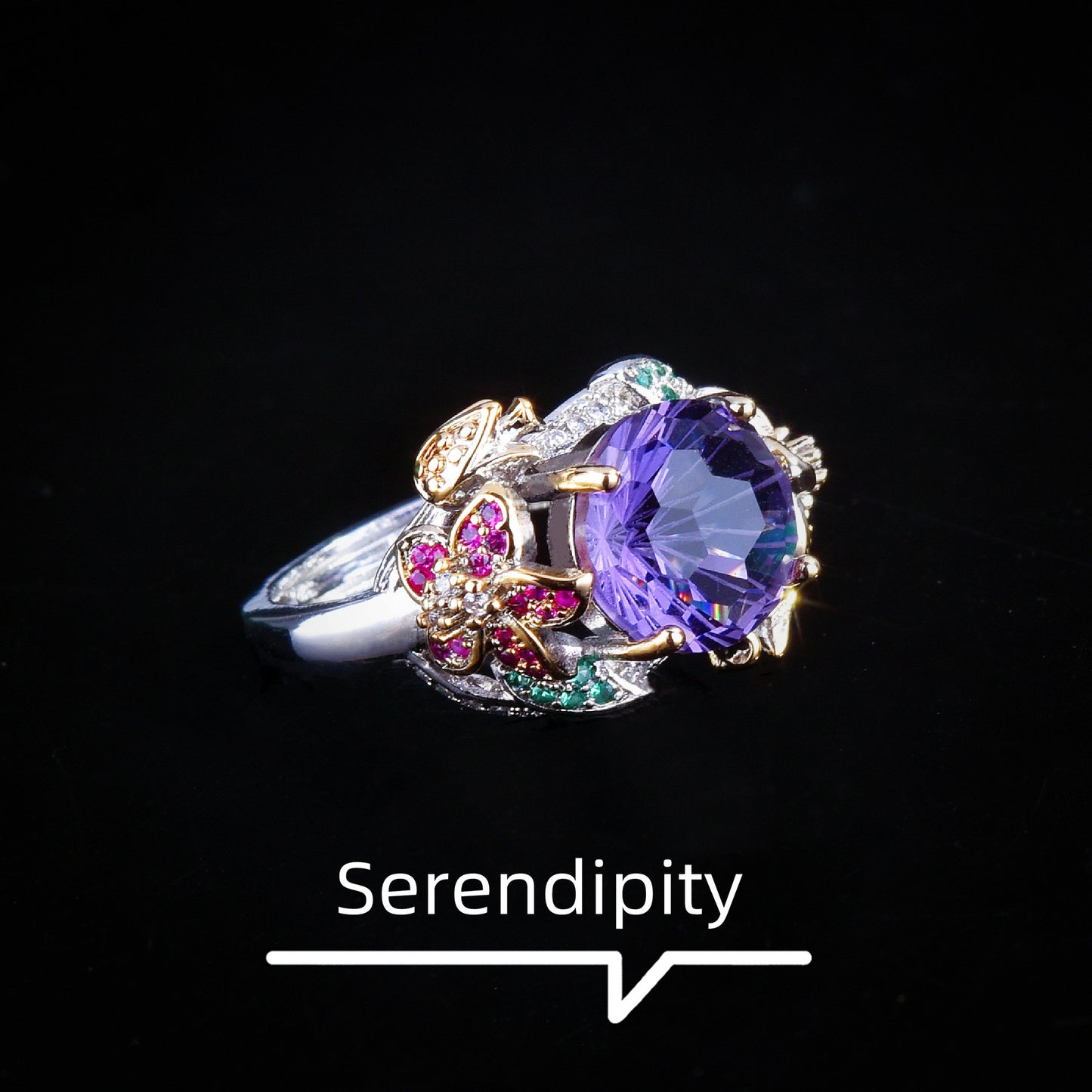Gold Craft Fireworks Cut Purple Diamond Colorful Flowers Rings