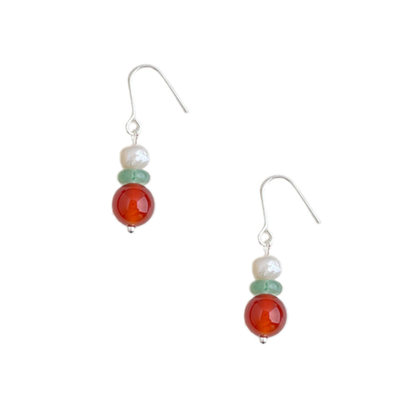 Women's Chinese Style Natural Red Agate Freshwater Stringed Pearls Artistic Vintage Earrings