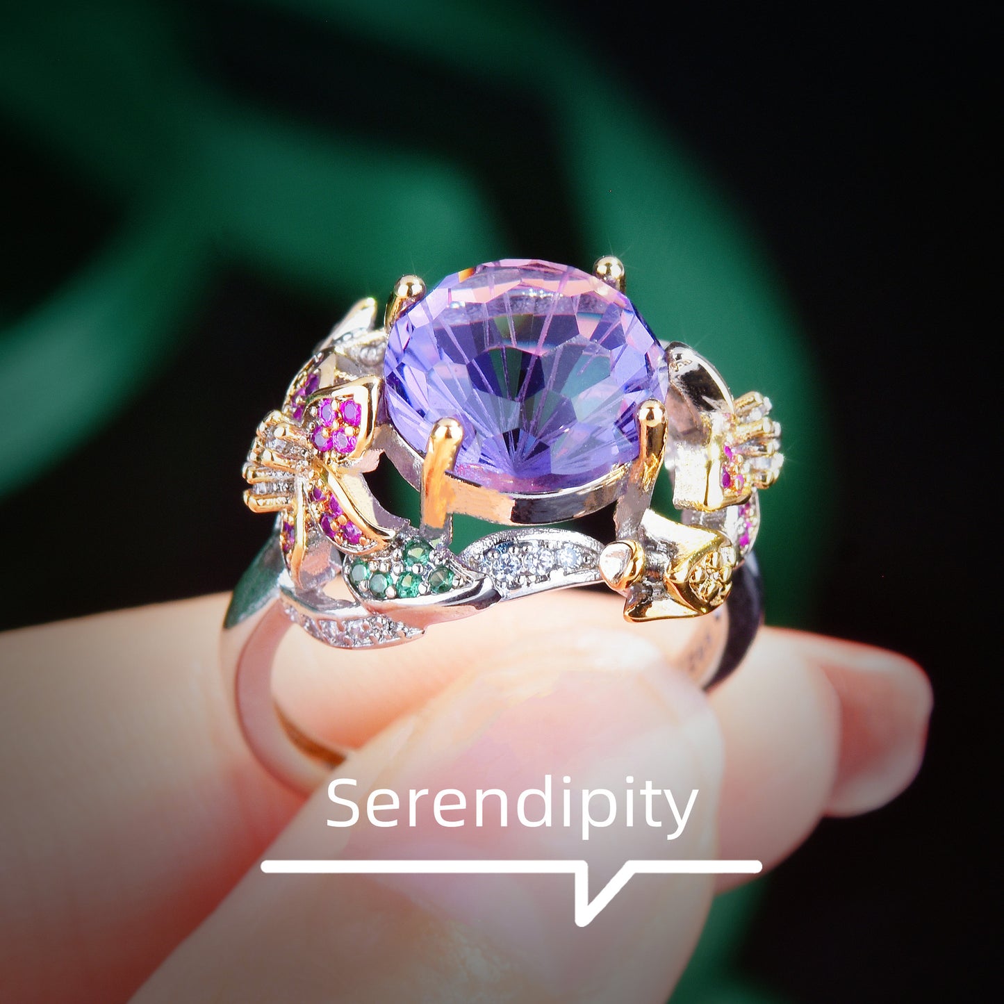 Gold Craft Fireworks Cut Purple Diamond Colorful Flowers Rings