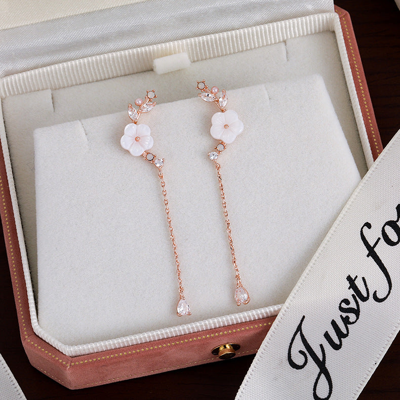 Women's Flower Sier Pin Elegant Long Fringed Earrings