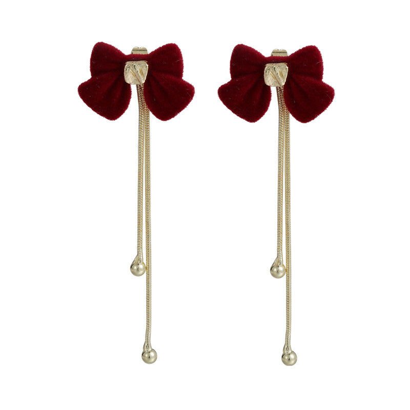 Flocking Temperament Style Flower Bow Tie Tassel Earrings