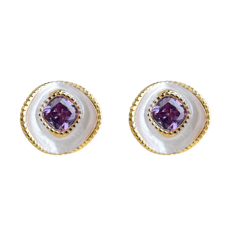 Women's Fashionable High-grade Inlaid Zircon Purple Elegant Geometric Curved Surface Round Stud Earrings