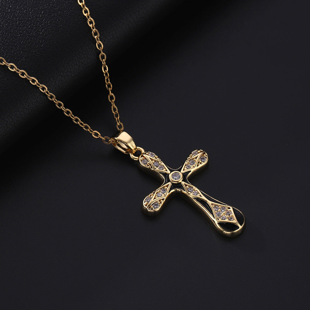 Dripping Zircon Cross Pendant Temperament Wild Micro Inlaid Gold Necklaces