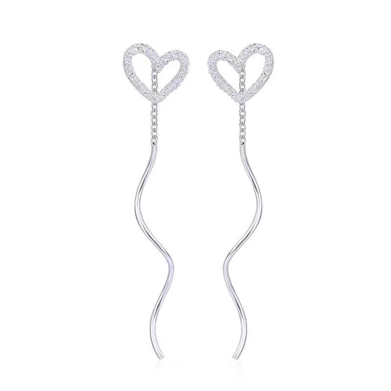 Women's Studded Hollow Frosted Heart-shaped Wavy Ear Threads Light Luxury Minority Stud Earrings