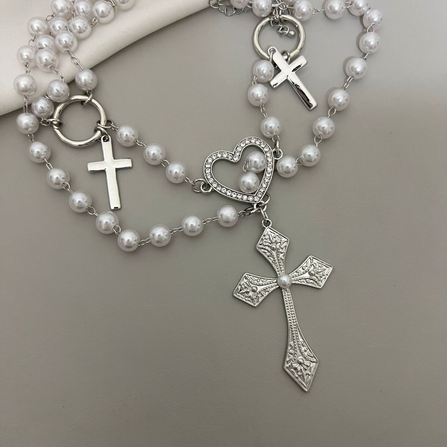 Women's Ya Twin Stringed Pearls Cross Clavicle Necklaces