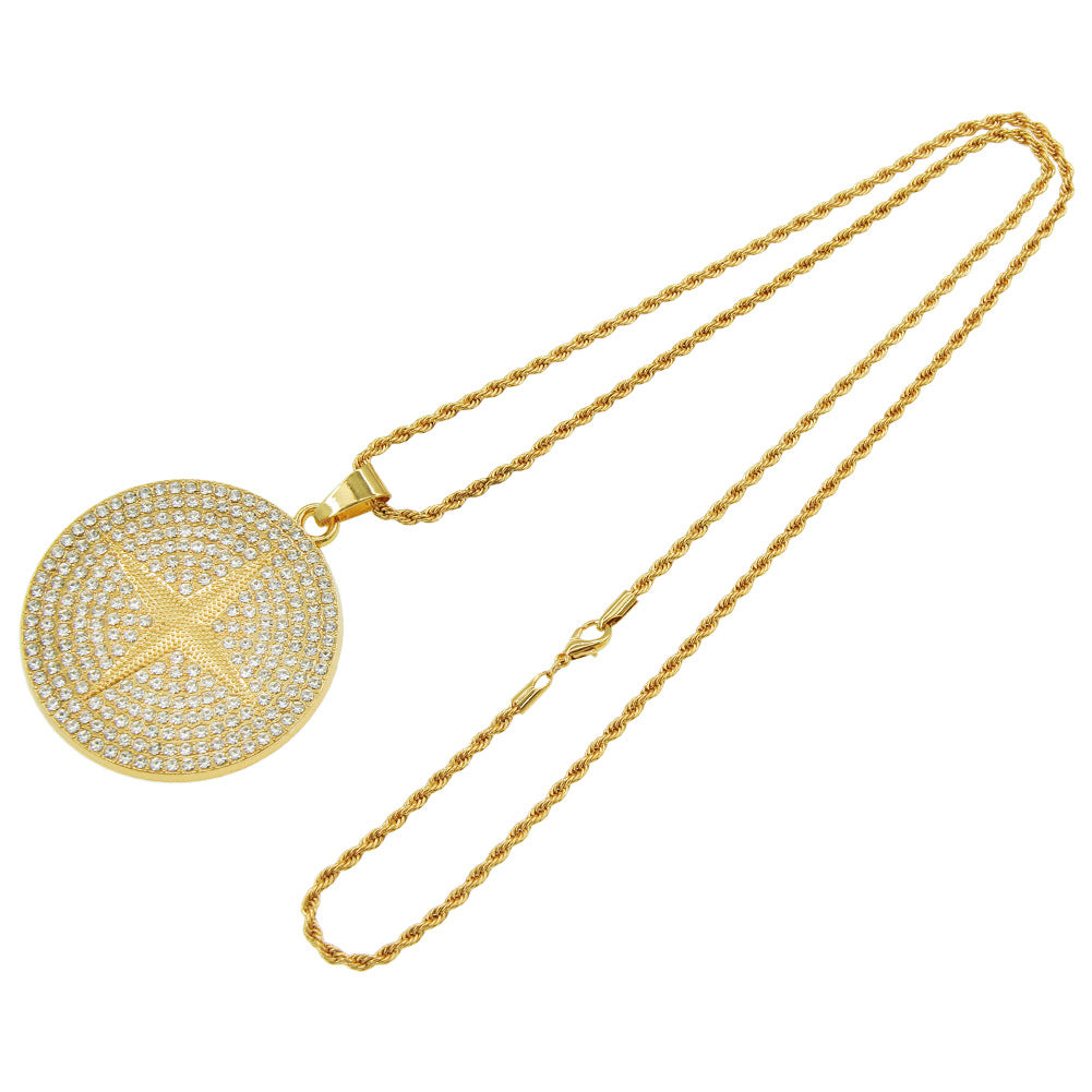 Cross Star Diamond Round Plate Pendant Long Necklaces