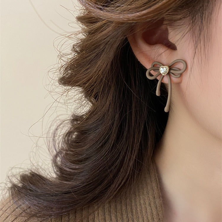 Sense Brown Bow Loving Heart Zircon Earrings