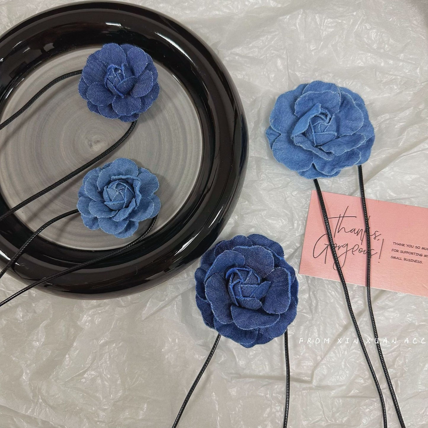 Damen-Denim-Kamelien-hochwertige Vintage-Blumen-Französisch-Halsketten