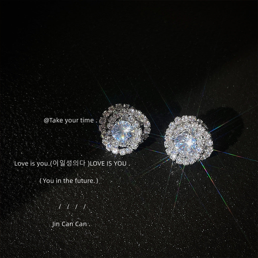 Needle Zircon Three-dimensional Geometric Cross Round High Earrings