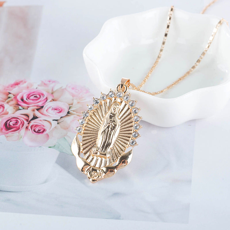 Virgin Mary Diamond Alloy Pendant Fashion Retro Ethnic Sweater Necklaces