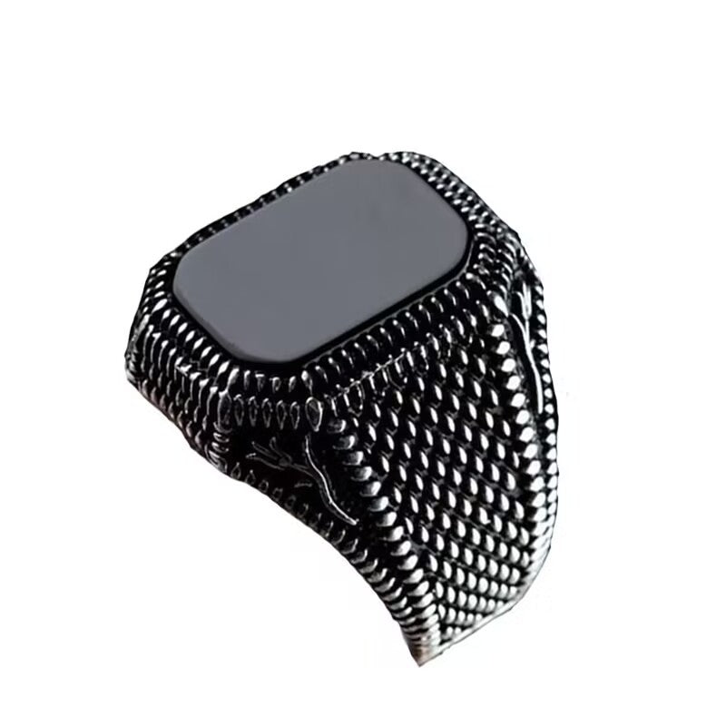 Men's Retro Natural Black Square Agate Texture Ring