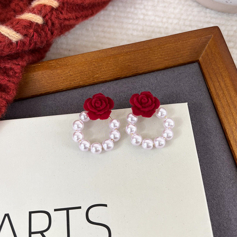 Flocking Temperament Style Flower Bow Tie Tassel Earrings