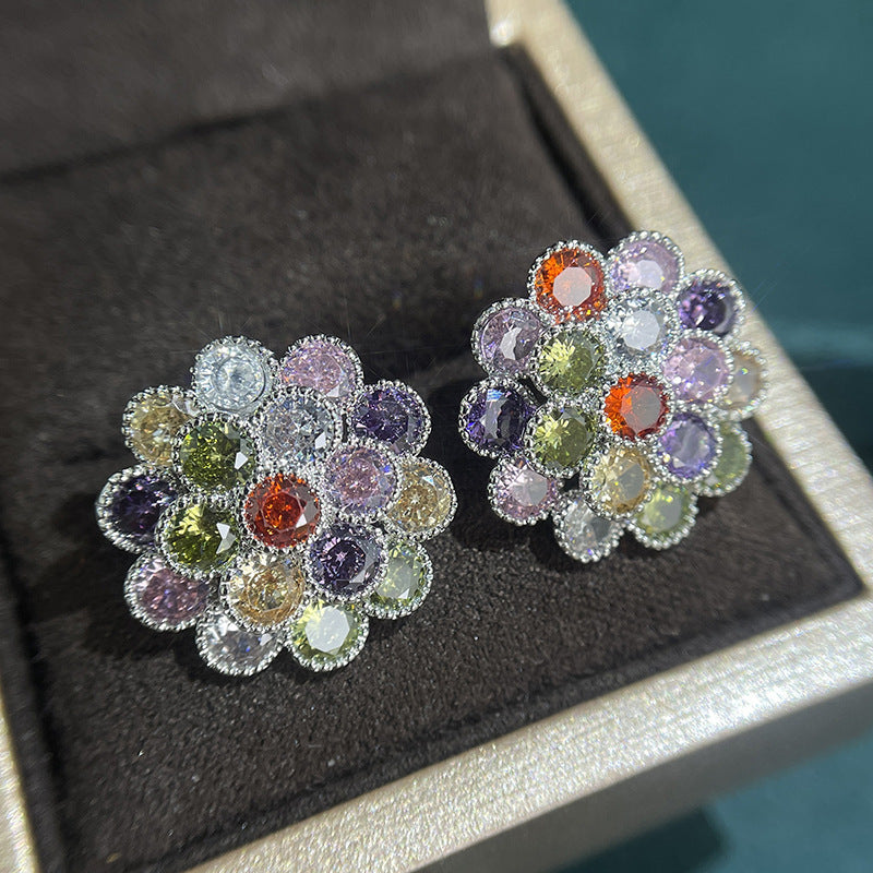 Women's Elegant Colorful Zircon Flower Sier Pin Simple Earrings