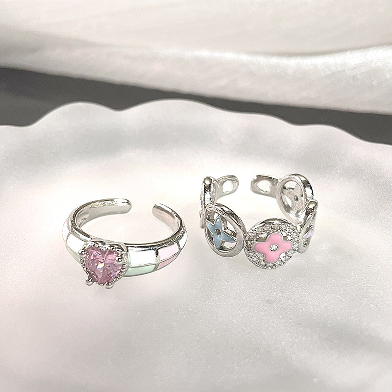 Heart Chessboard Niche Design Color Enamel Rings
