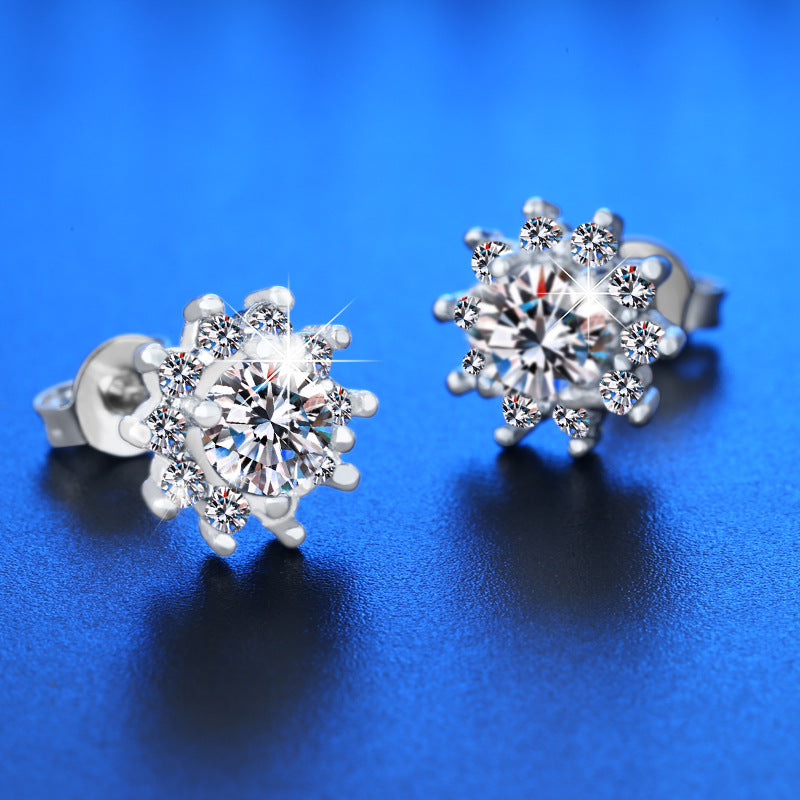 Streaming Imitation Moissanite Sier Sun Flower Earrings