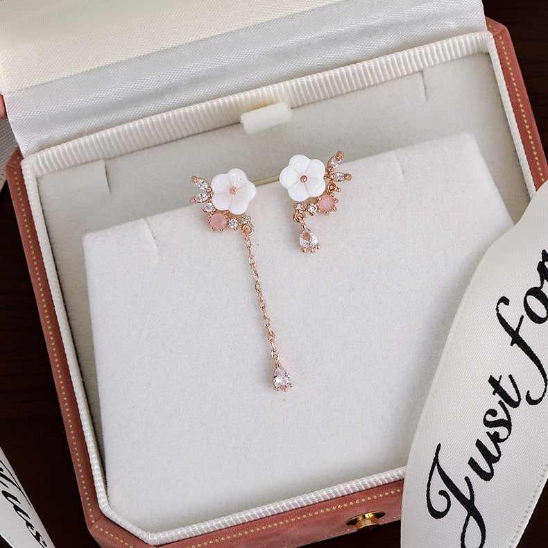 Women's Flower Sier Pin Elegant Long Fringed Earrings
