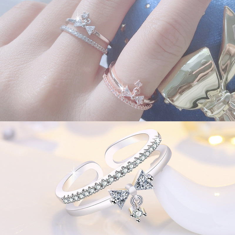 Layer Bow Niche Design Rhinestone Index Finger Style Rings
