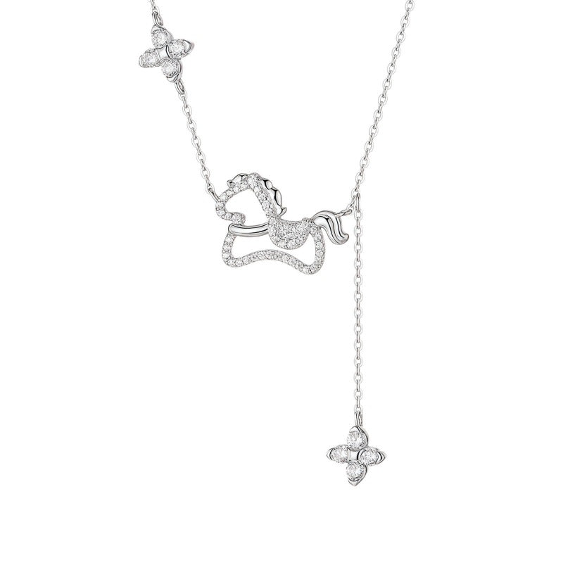 Women's Sier Lucky Light Luxury Minority Four-leaf Clover Horse Life Tassel Necklace
