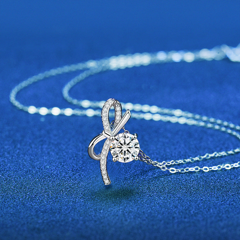 Pendentif nœud de luxe léger en argent sterling pour femmes, diamant pour colliers design