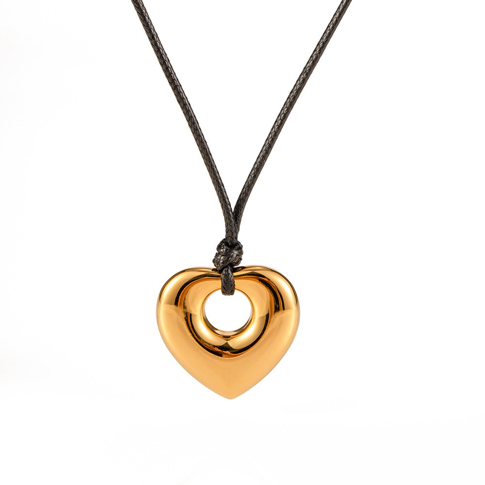 Steel Black Wax Rope Hollow Heart Pendant Light Luxury Necklaces