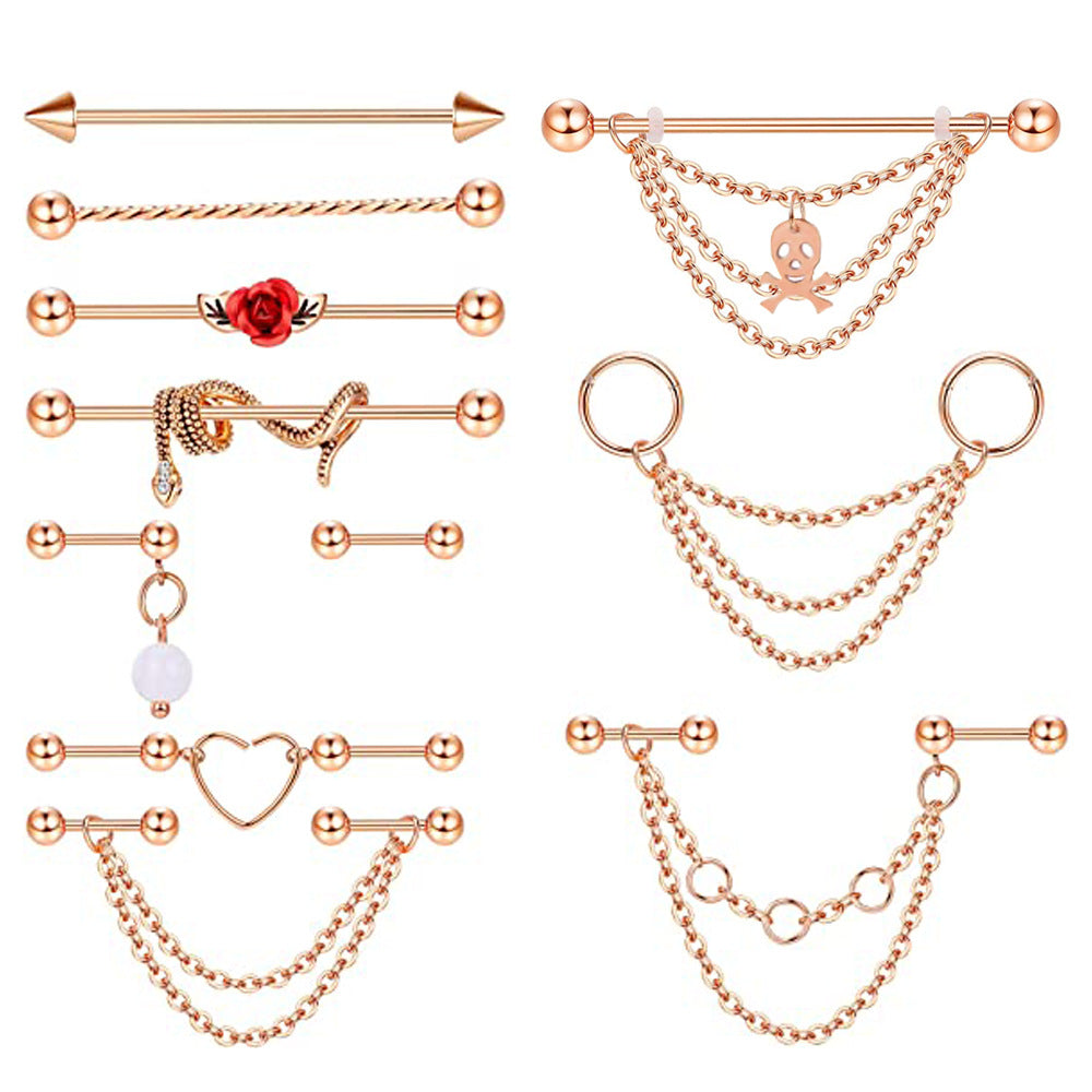Industrial Rod Ear Bone Gem Flower Snake Chain Stud Earrings