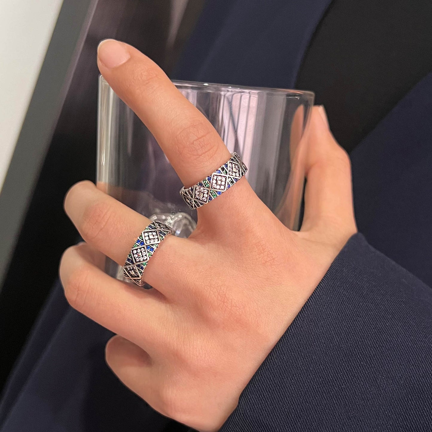 Zircon Pattern Vintage Open Female Light Luxury Minority Design Rings