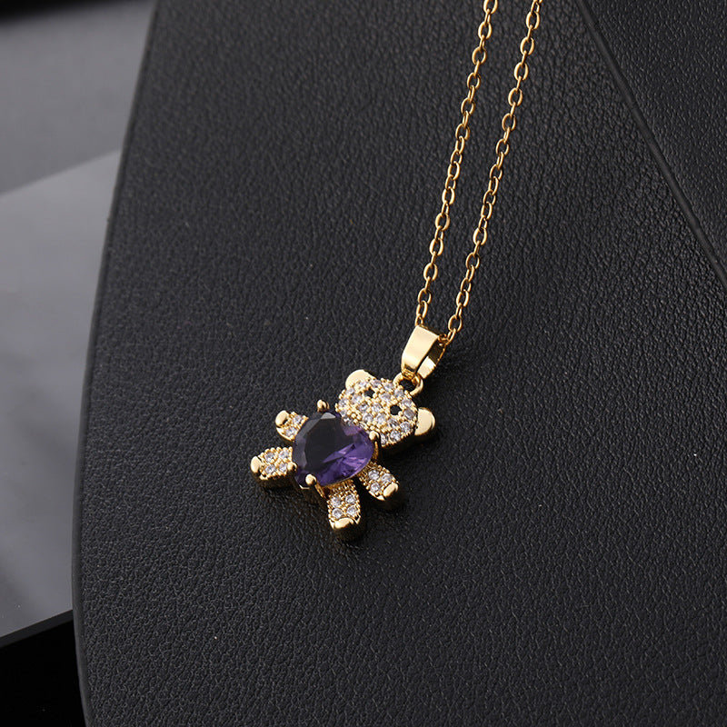 Copper Micro Inlaid Zircon Ornament Cute Heart Bear Pendant Necklaces