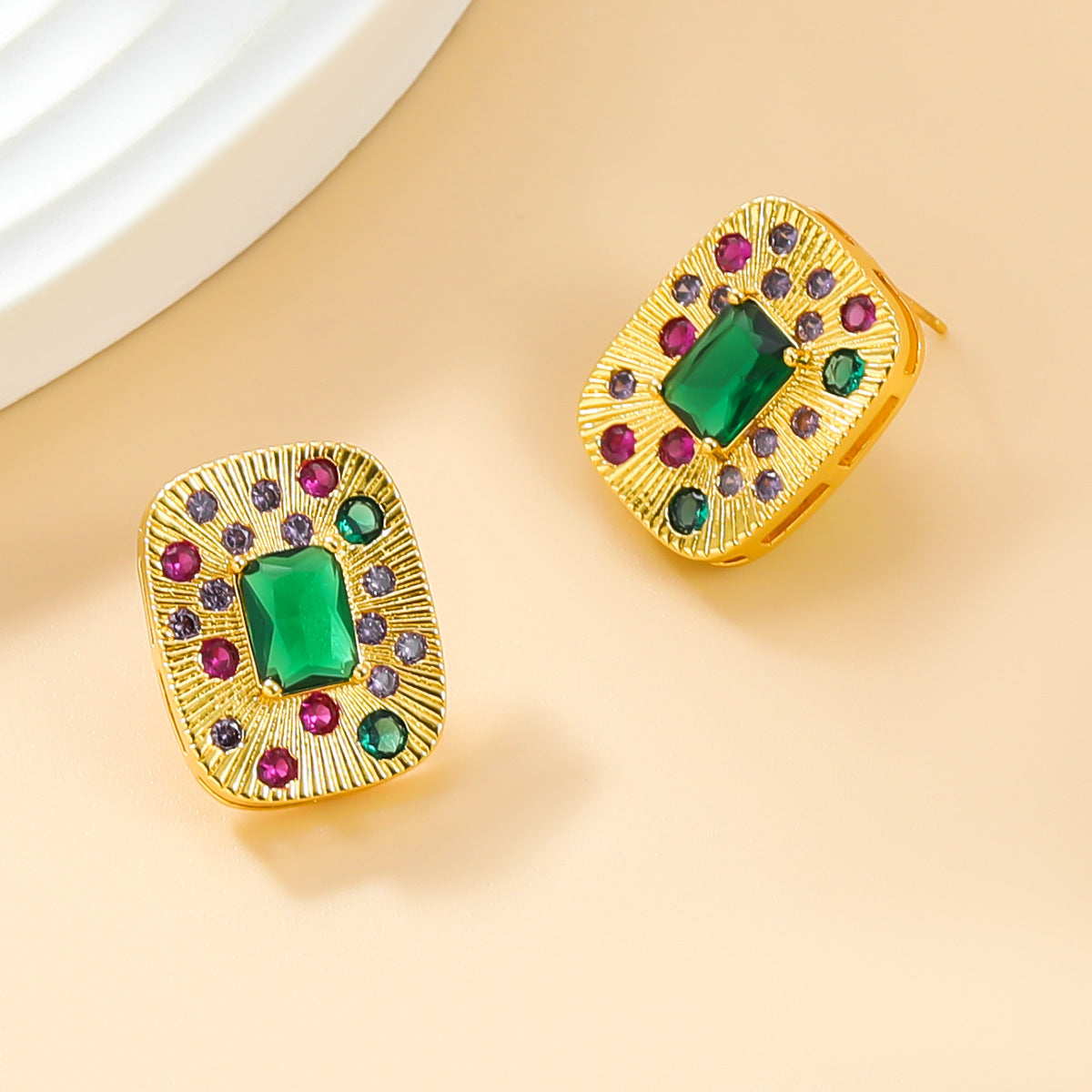 Women's Vintage Square Colorful Crystals Middle Ancient Earrings