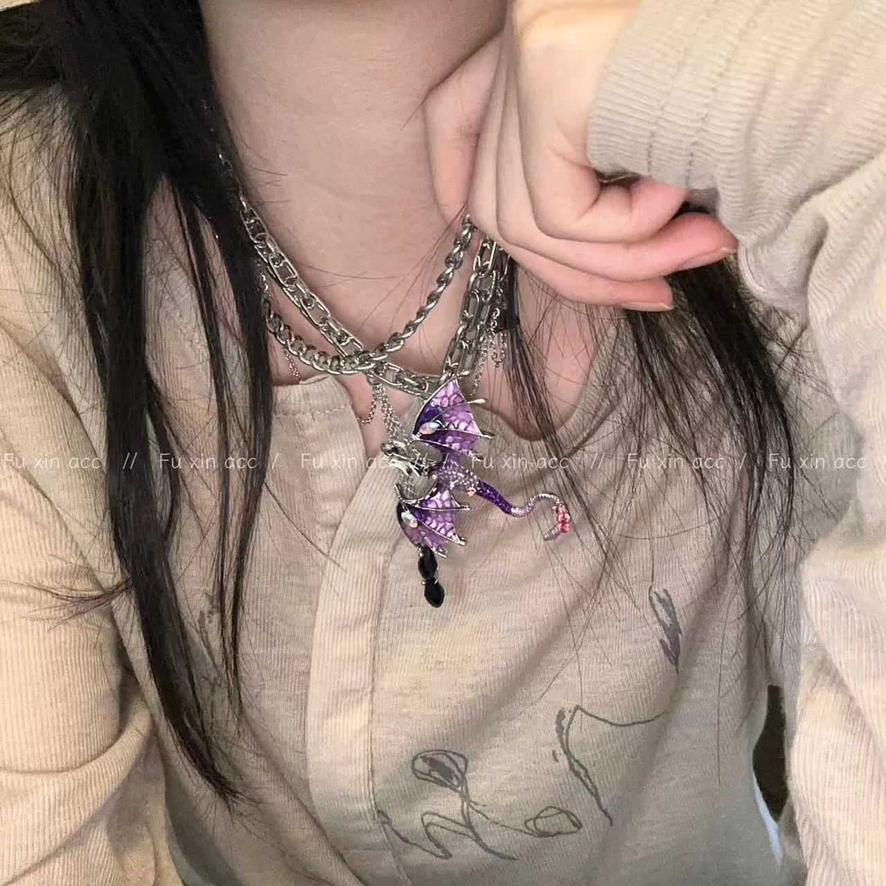 Purple Charming Flying Dragon Zircon Tassel Female Niche Advanced Necklaces