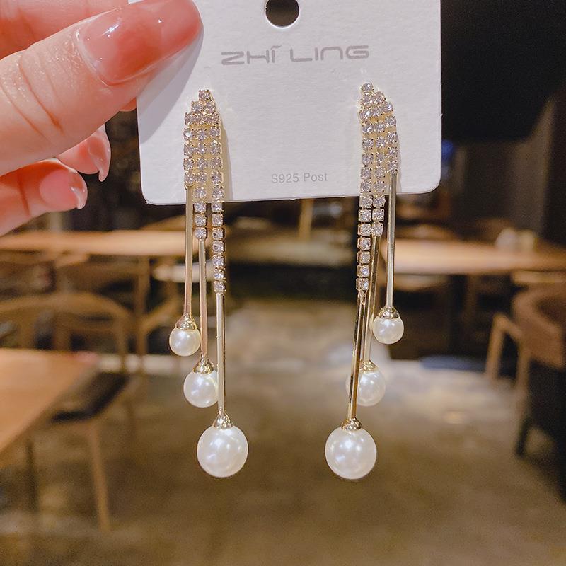 Needle Red Pearl Tassel Eardrops Female Earrings