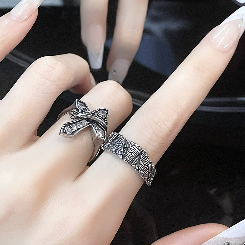 Offene, verstellbare Ringe für Damen im industriellen Stil mit Zirkon-Design und Textur