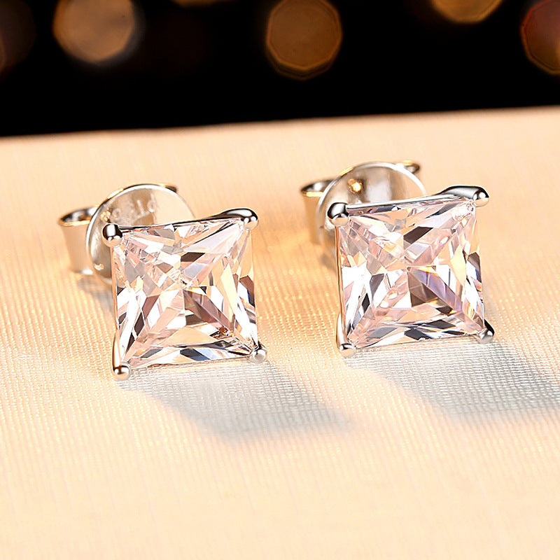 Women's Sterling Sier Princess Square Diamond Simple Earrings