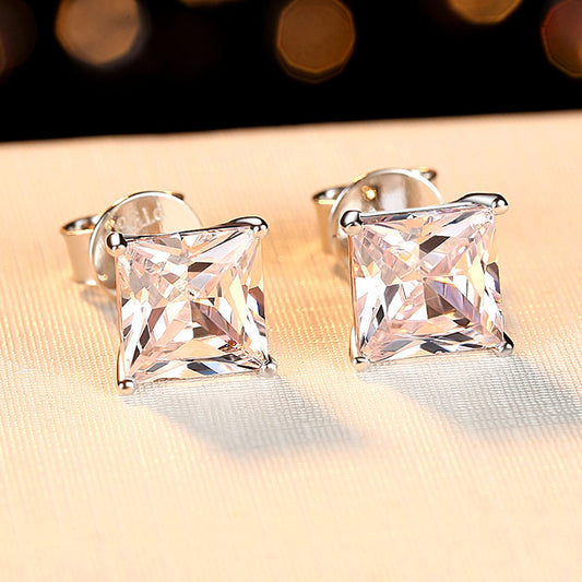 Women's Sterling Sier Princess Square Diamond Simple Earrings