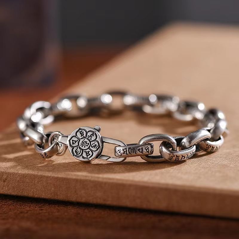 Men's Ethnic Style Carved Mantra Fashionable Sier Plated Diamond Bracelets