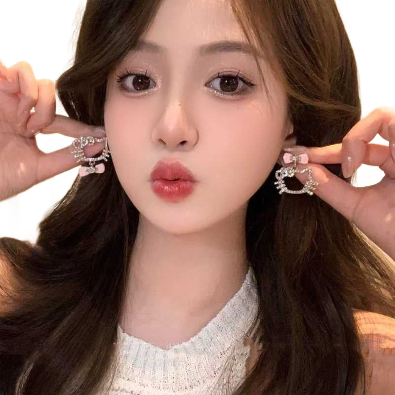 Super Shiny Bowknot Full Diamond Cat Female Sweet Cute Earrings