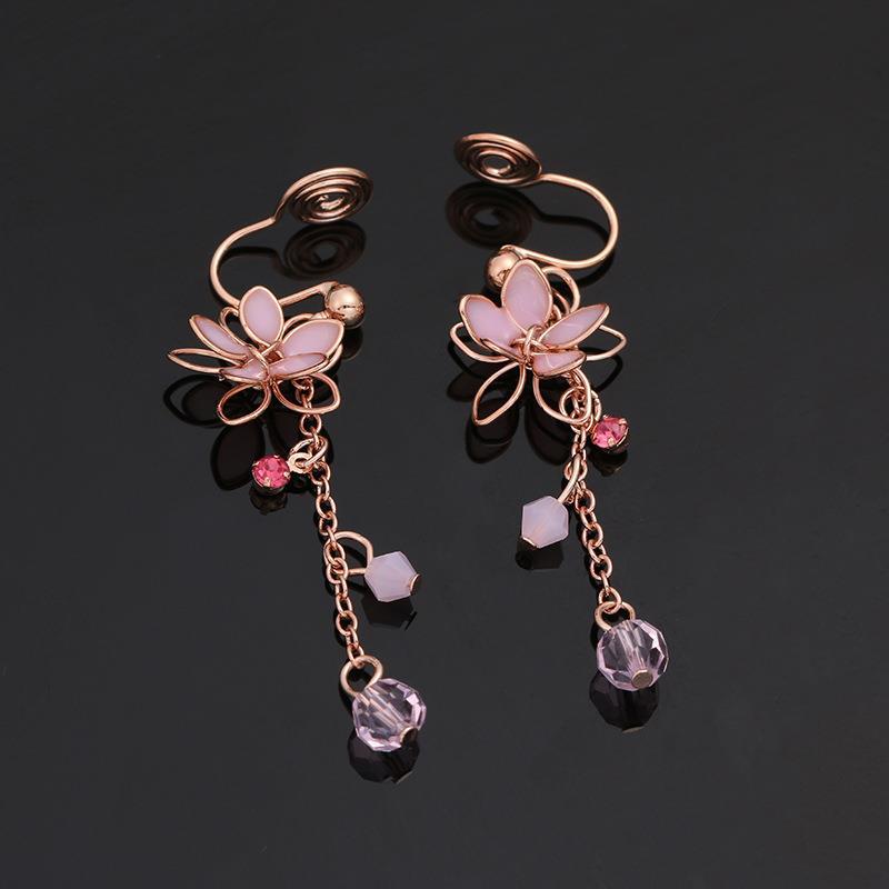 Antique Pink Five Petal Flower Tassel Ear Clips Earrings