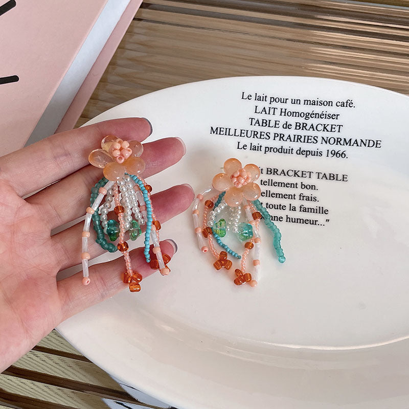 Women's Summer Contrast Color Flower Tassel Beaded Niche Earrings