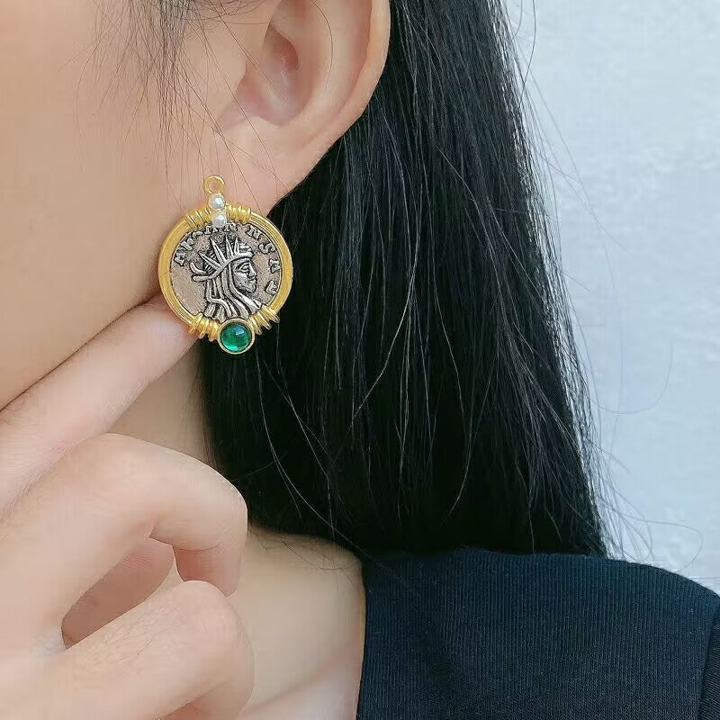 Women's French Retro Antique Coin Series Green Opal Earrings