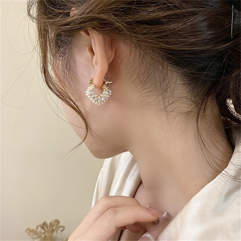 Rhinestone Pearl Heart Ear Clip Temperament Rings