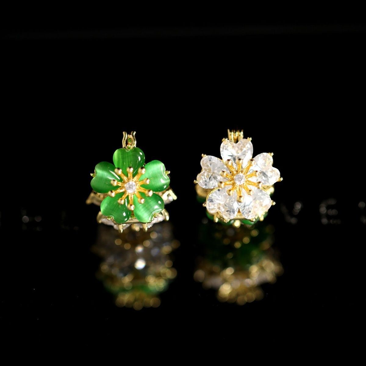 Hate Lotus Pond Moonlight Flower Fashion Double-sided Opal Ear Stud Earrings