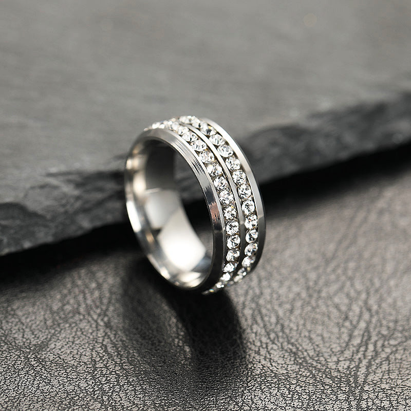 Women's Stainless Ornament Double Row Full Rhinestone Rings