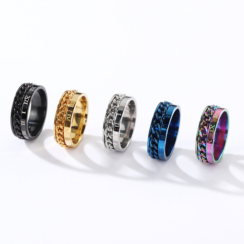 Men's Atmospheric Stainless Steel Ornament Marking Roman Characters Rotatable Rings