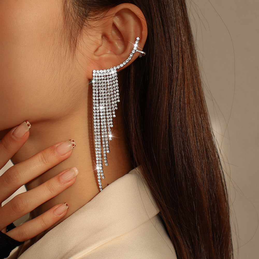 Tassel Rhinestone Auricular Needle Geometric Banquet Earrings