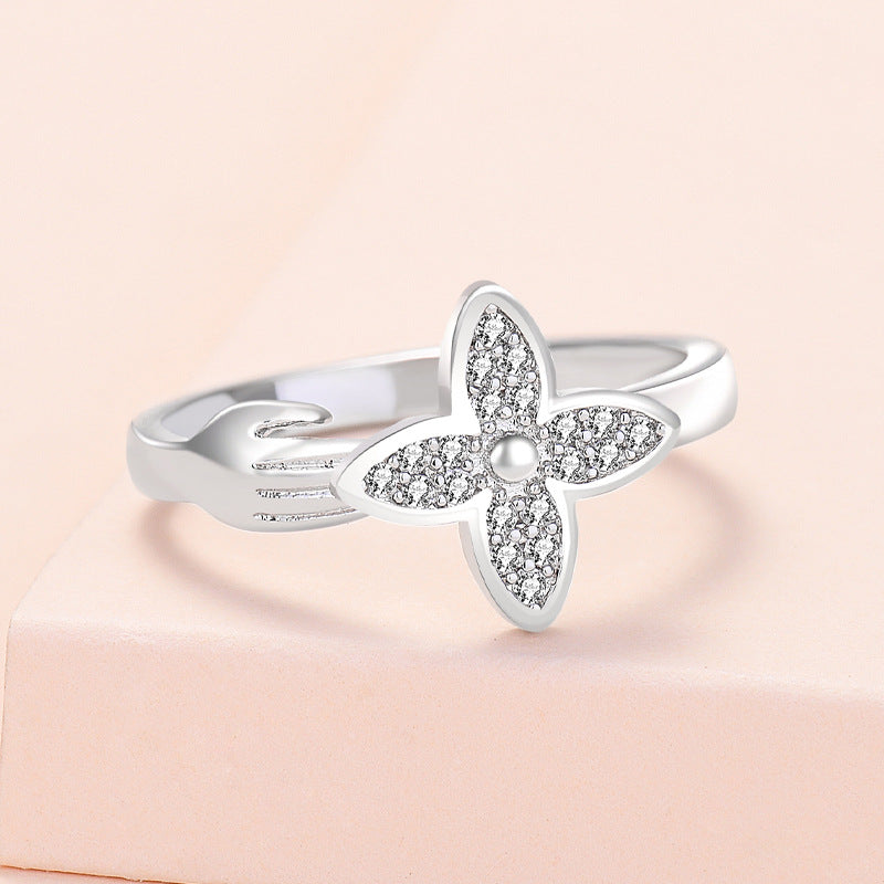 Small Hand Four-leaf Clover Zircon Opening Rings