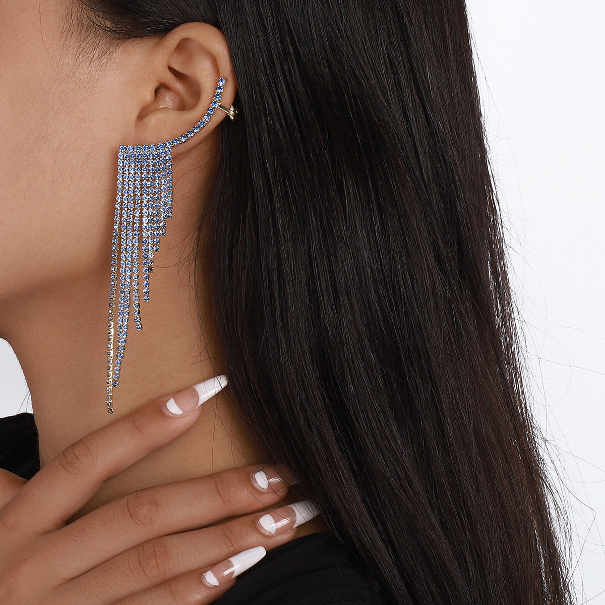 Tassel Rhinestone Auricular Needle Geometric Banquet Earrings
