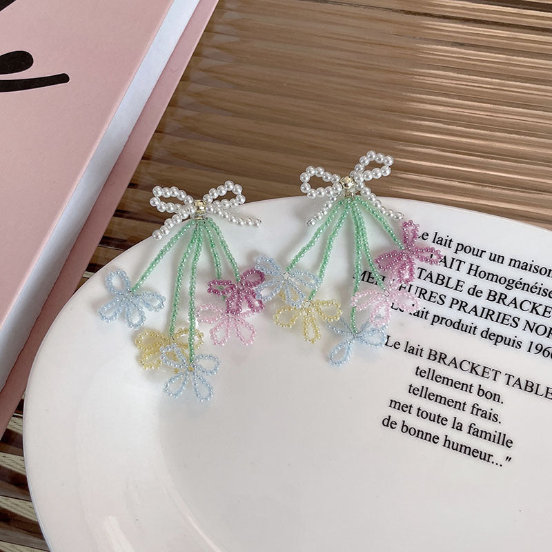 Women's Summer Contrast Color Flower Tassel Beaded Niche Earrings